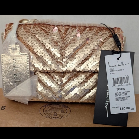 NWT Nicole Miller Gold Sequin Chain Strap Crossbody Small Bag - Picture 2 of 9
